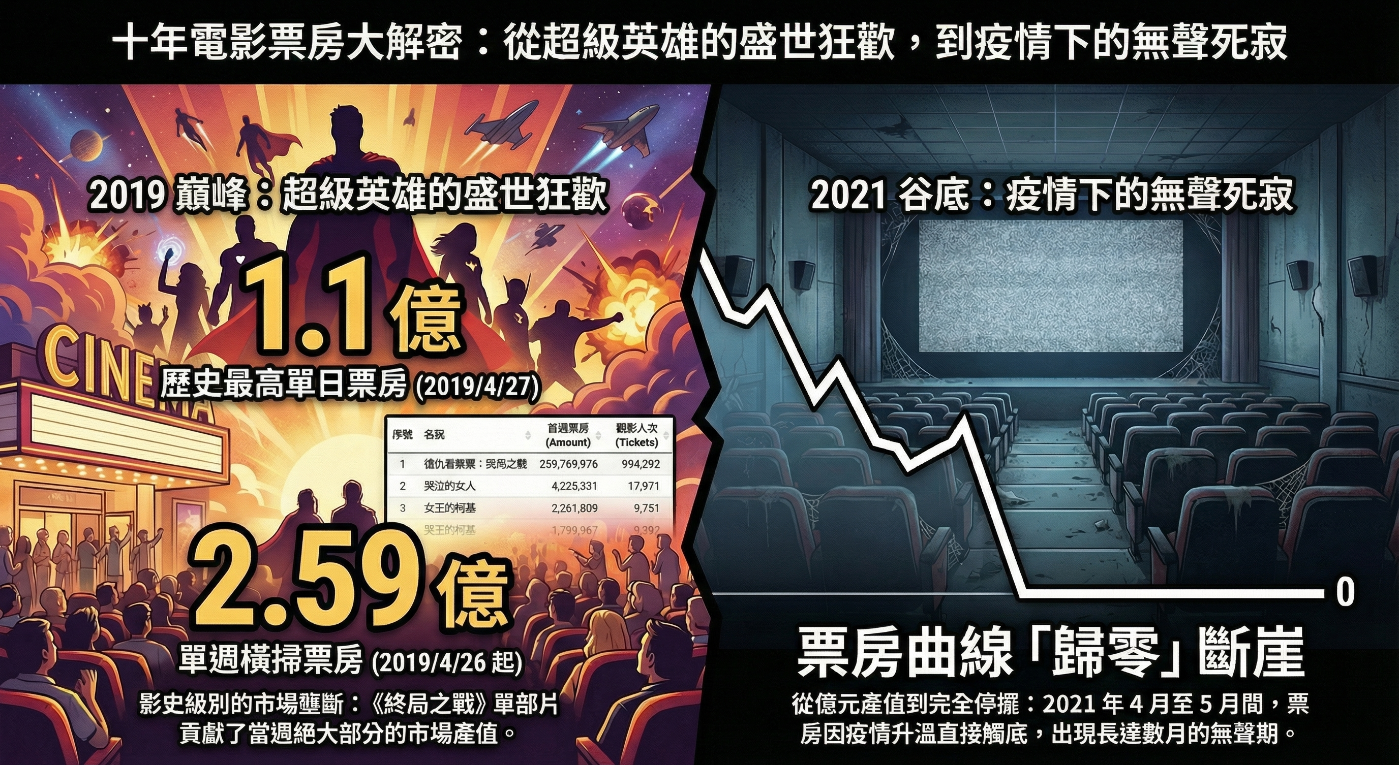 2016至2026年電影票房銷售趨勢圖，顯示2019年《復仇者聯盟：終局之戰》創下歷史最高峰，以及2021年疫情期間的零收入谷底。